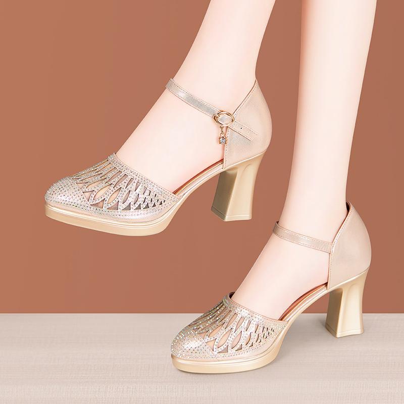 Women Closed Toe Sandals Women's Hollow Rhinestone 5CM/7CM Chunky Heel Shoes Hollow Mesh Mom High-heeled Shoes