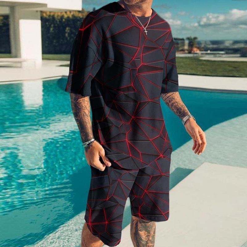 Men's Shorts and T Shirt Set T-Shirt Outfits Red Cracks Prints Crew Neck Outdoor Street Short Sleeve Apparel 2pcs Basic Classic