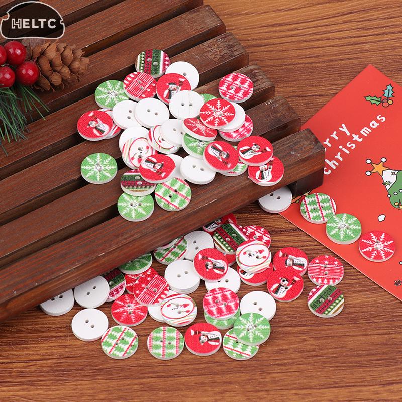 100Pcs/Pack Red, Green 15MM Christmas Painted Tree Snowflake Snowman Wooden Buttons Holiday Decoration Red Green Wooden Buttons