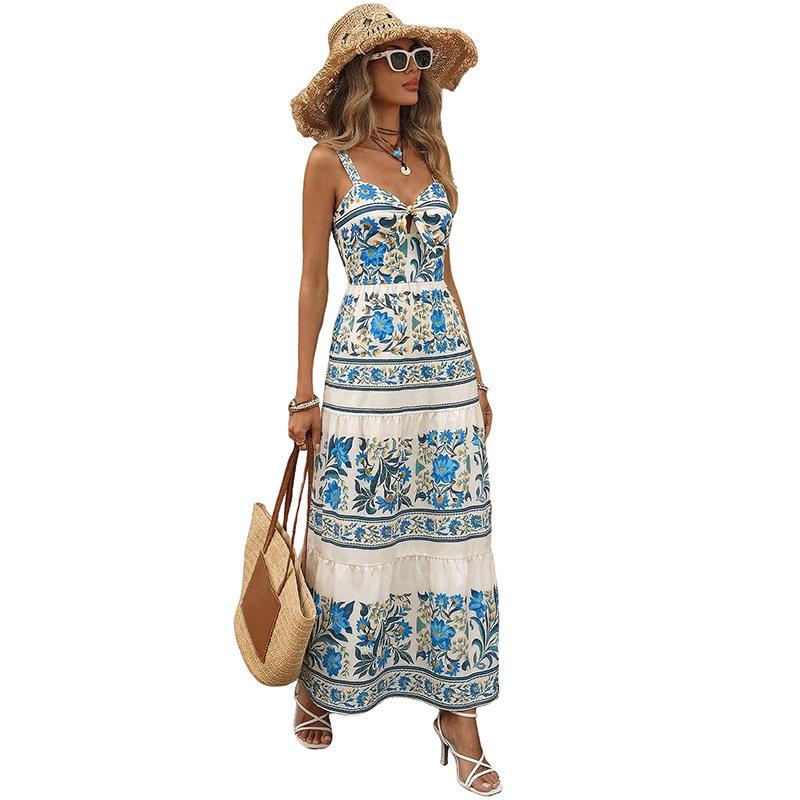 Spring and Summer New Bohemian Holiday Style Suspender Skirt European and American Ethnic Style Print Dress