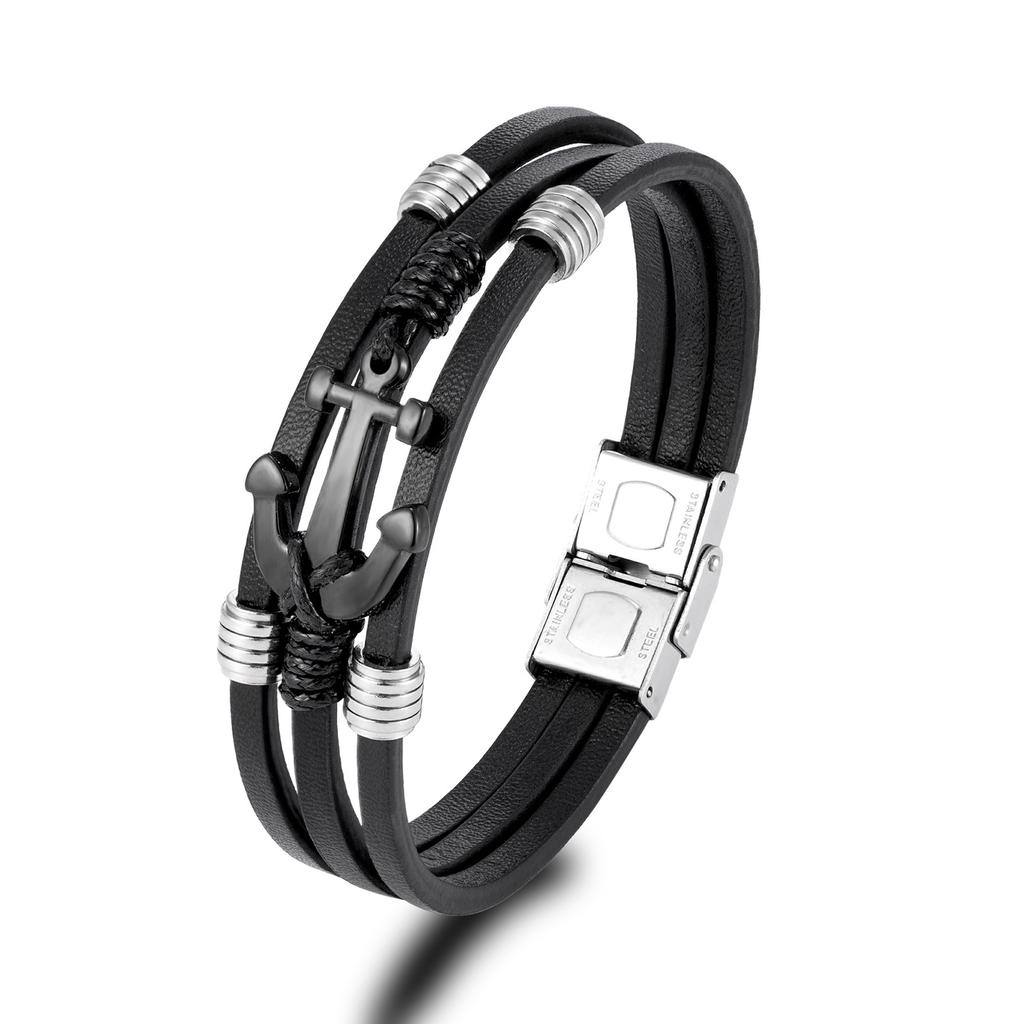 European American Ship Anchor Stainless Steel Retro Leather Bracelet Hand Woven Multi-layer Men's Titanium