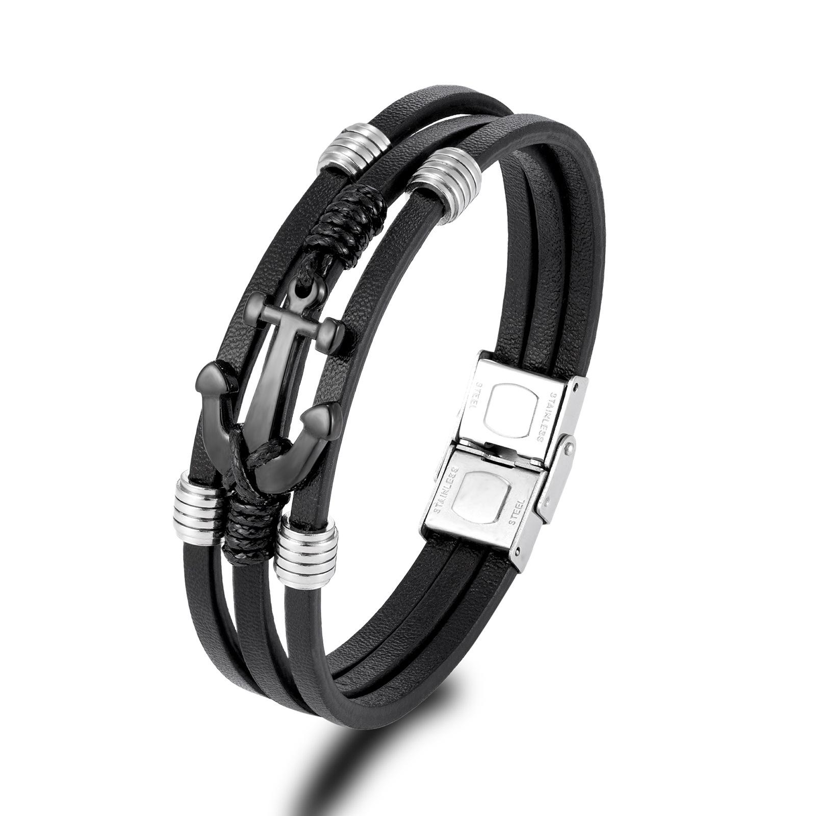 

European American Ship Anchor Stainless Steel Retro Leather Bracelet Hand Woven Multi-layer Men s Titanium