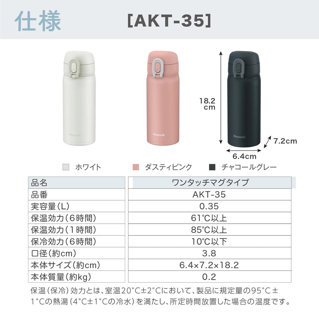 Peacock One Touch Mug Bottle Charcoal Gray 350ml Water Bottle Thermos HCH The-peacock Thermal/Cold AKT-35