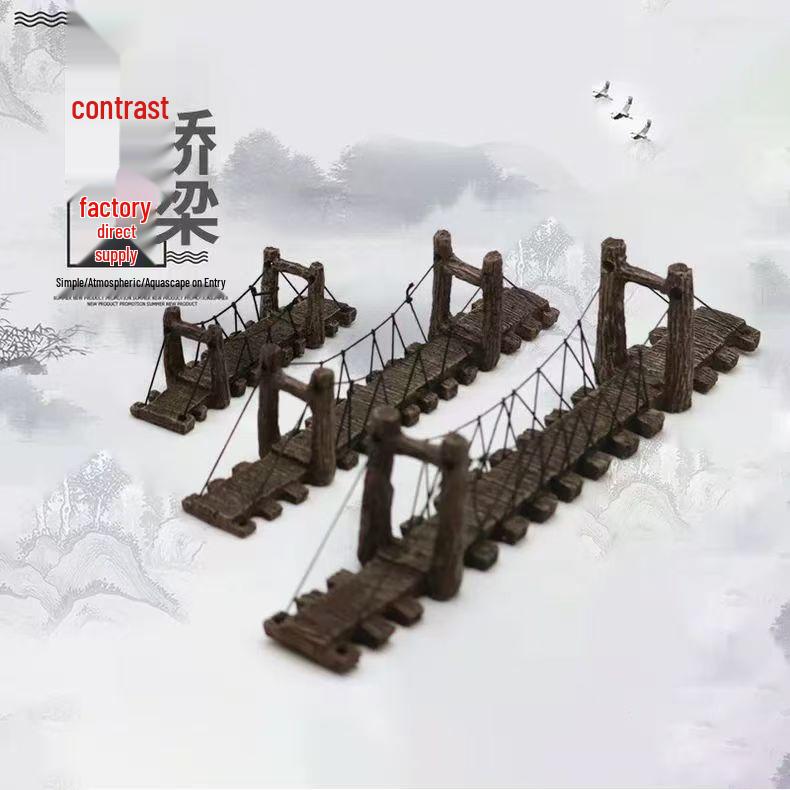 Fish Tank Decor: Artificial Mountain & Wooden Suspension Bridge Set