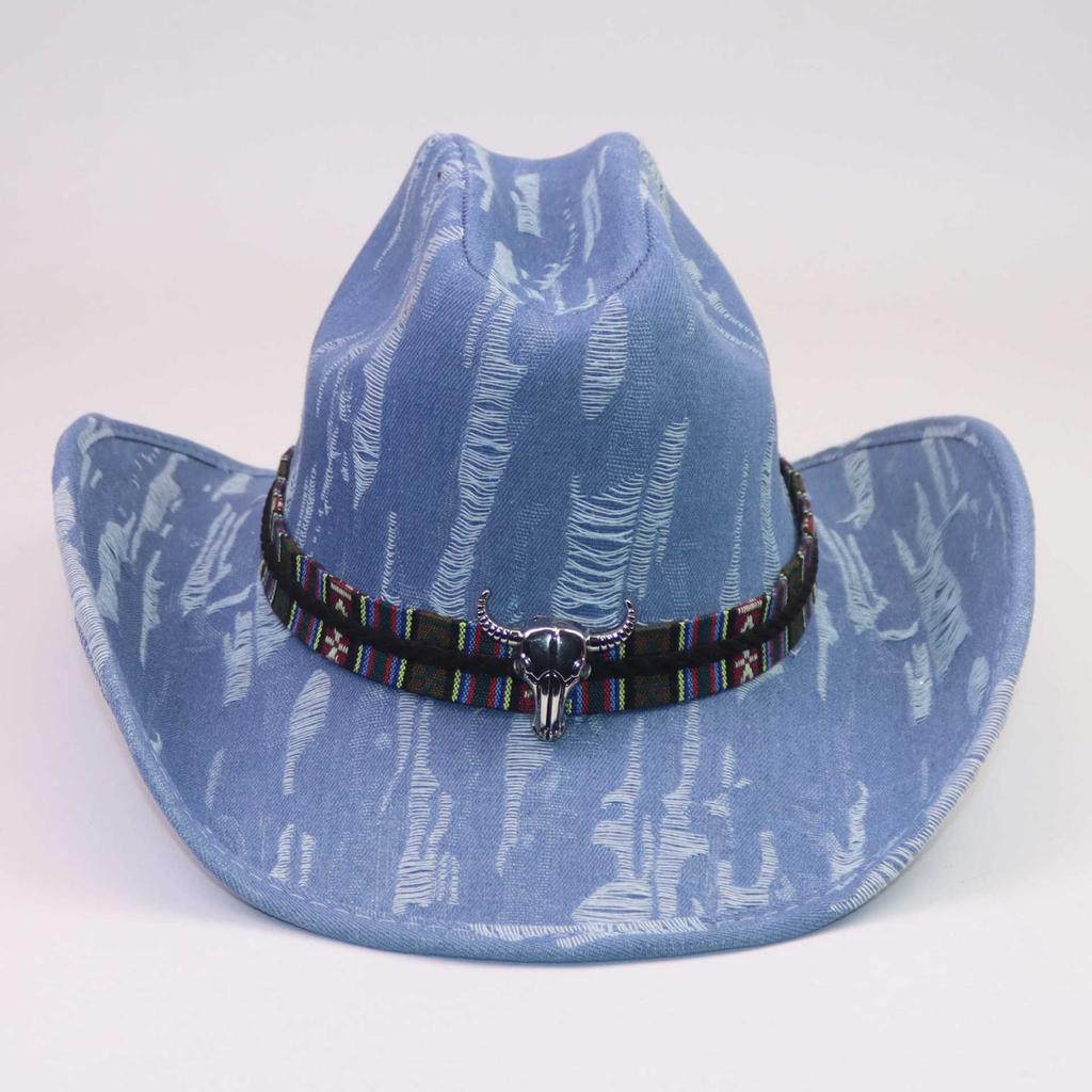 Classic Bull Head Webbing Western Denim Hat European and American Style Personality Versatile Big Eaves Curved Eaves One-word Gentleman's Top Hat