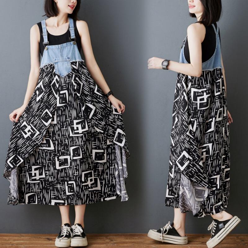 

2025 лето новое платье свободного кроя с оборками и листьями из денима с принтом, средней и длинной длины 3XL