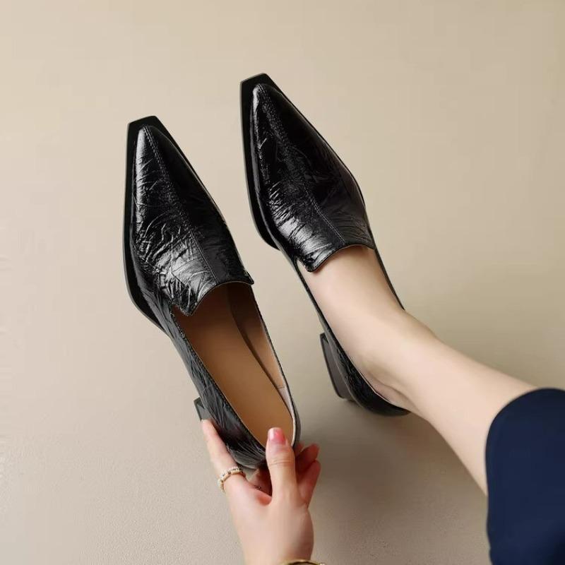 Fashion Spring New Coarse Heel Shoes Women's Pointed Head Deep Mouth Leather Waterproof Non-slip Low-top Shoes