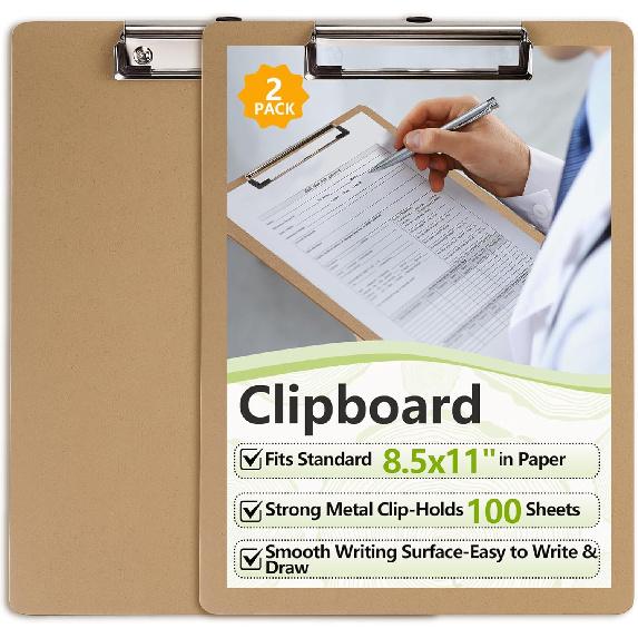 Clipboard Letter Size 2 Pack - Wooden Clip Boards 8.5x11 with Secure Metal Clip & Hanging Hook, Nursing Clipboard and Clipboards for Classroom, 2