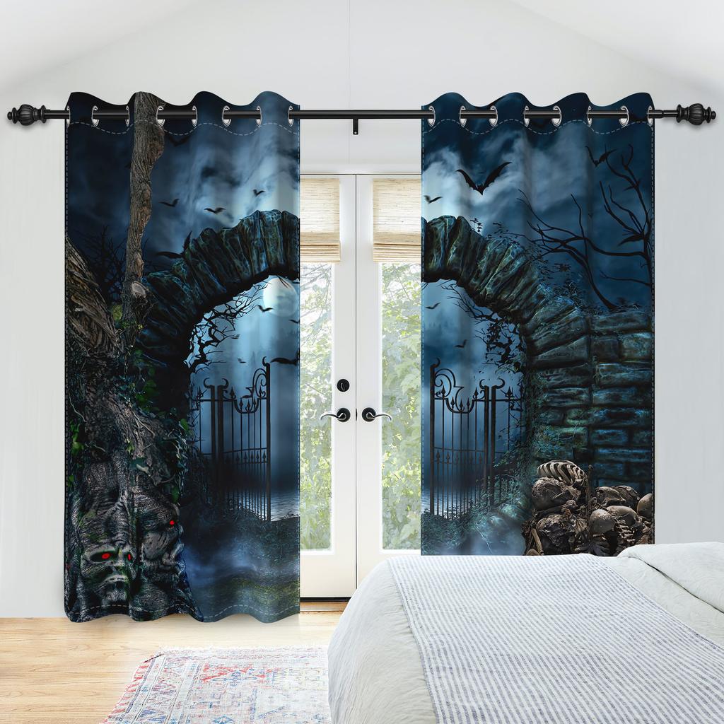 2pcs/set Horror Halloween Window Curtain Night Gate Skeleton Home Bedroom Living Room Decor Blackout Polyester Fabric Curtains