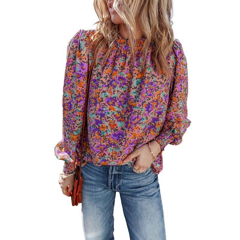 

Fall New Arrival Florals Print Pullover Chiffon Shirt Women 2025 European and American Commuters Versatile Lotus Leaf Long Sleeves Tops Women Purple S code fits (45.00 kg-55.00 kg