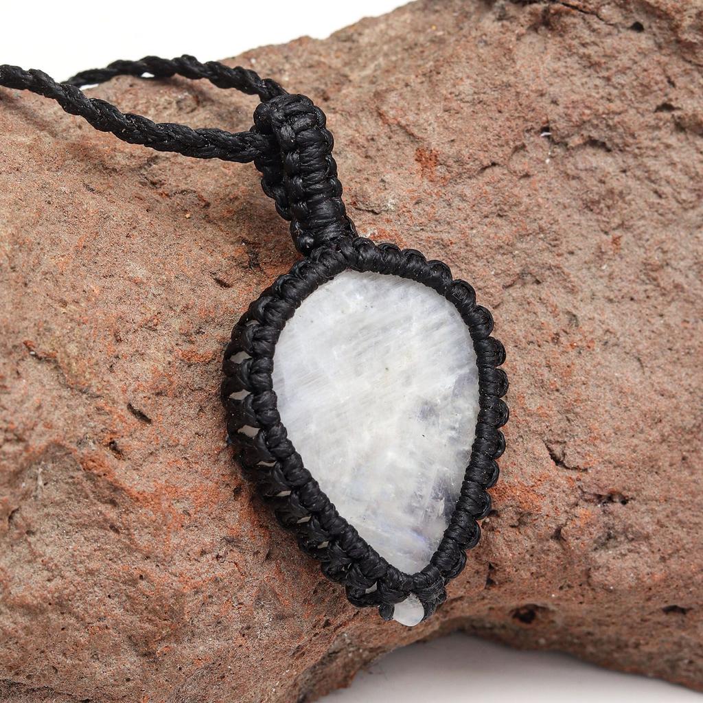 Moonstone Necklace Macrame Handmade Natural Bohemian Crystal Rainbow Healing