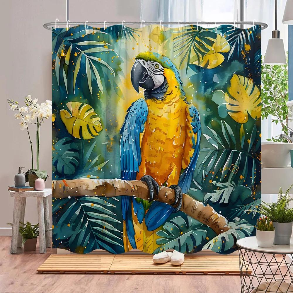 Papagei Duschvorhang Tukan Tropische Pflanze Tier Blume Blatt Ozean Flamingo Cartoon Polyesterstoff Badezimmerdeko Vorhänge
