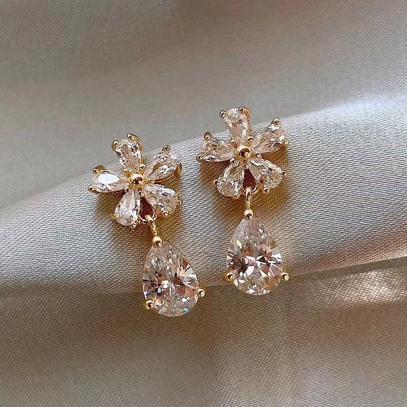 Drop Flower Earrings for Women, Korean Elegant Design