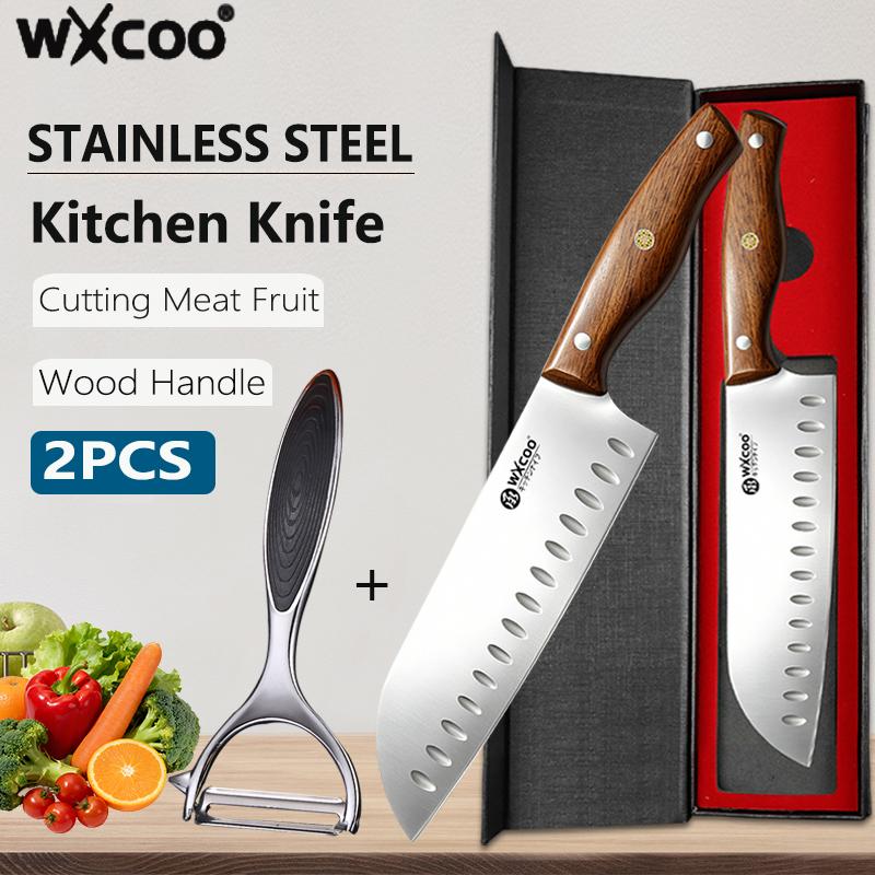 WXCOO Stainless Steel Kitchen Knife Professional Japanese Knife Fruit Peeler Santoku Fish Slicing Knifes Ergonomic Wood Handle