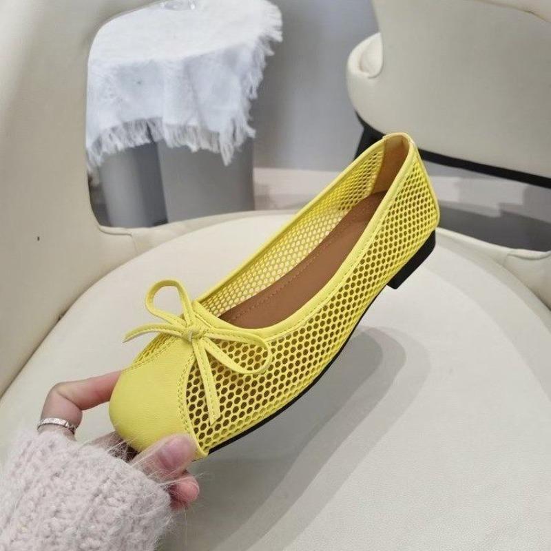

Fashion Round Head Single Shoes Summer New Shallow Mouth Splicing Mesh Butterfly Knot Soft Sole Anti-slip Wear-resistant Flat Shoes 40 жёлтый