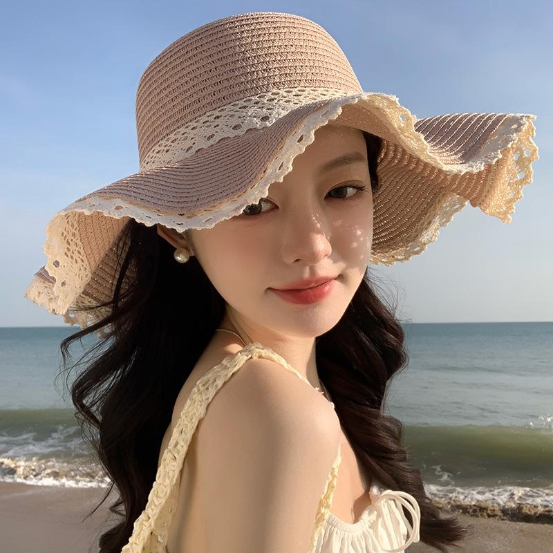 Summer Straw Hat Women's New Wave Lace Sunshade Hat Beach Vacation Travel Face Covering Sun Hat
