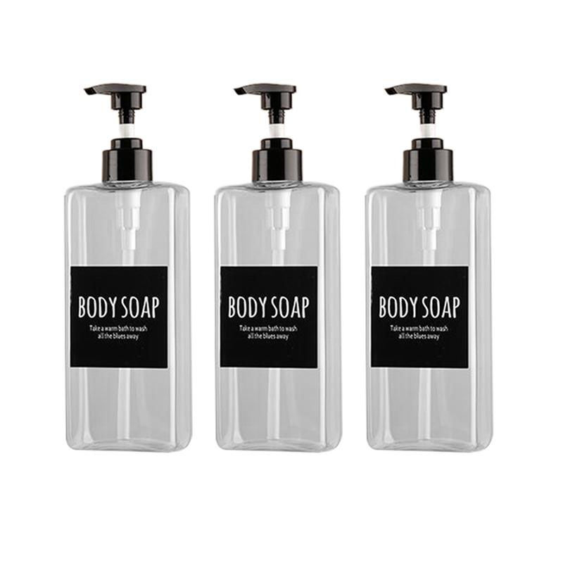 3 ks 500ml čtvercový dávkovač mýdla, plnitelná láhev s vodotěsnými etiketami pro mýdlo na ruce, pleťové mléko, šampon a kondicionér