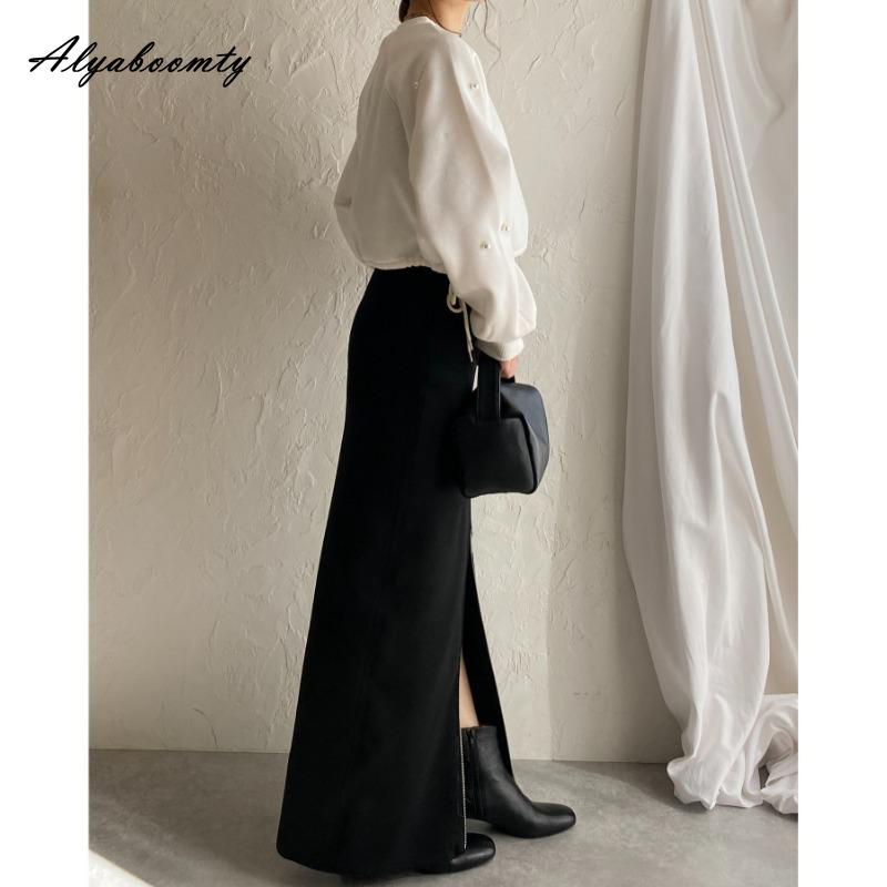 Korean Fashion Autumn Winter Women Stylish Maxi Long Skirt High Waist Black Knitting Zipper Skirt Split Knitted Feminine Classical Skirts Womens