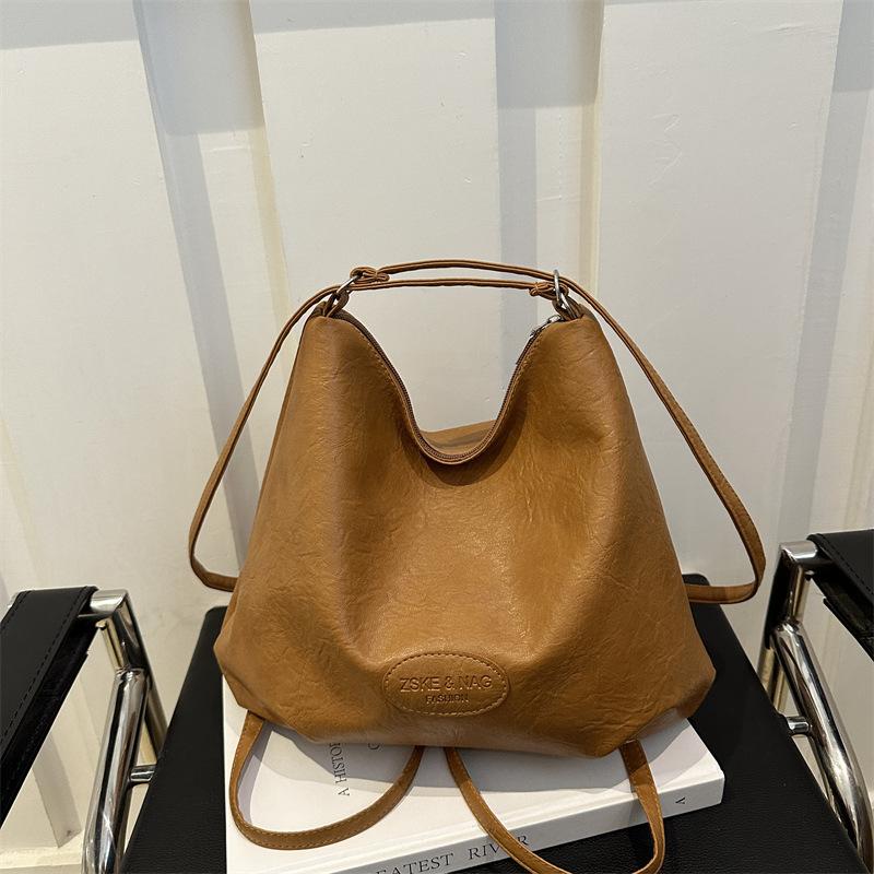 Large Capacity Vintage Style Faux Leather Bucket Bag Simple Solid Color Commuter Shoulder Crossbody Bag