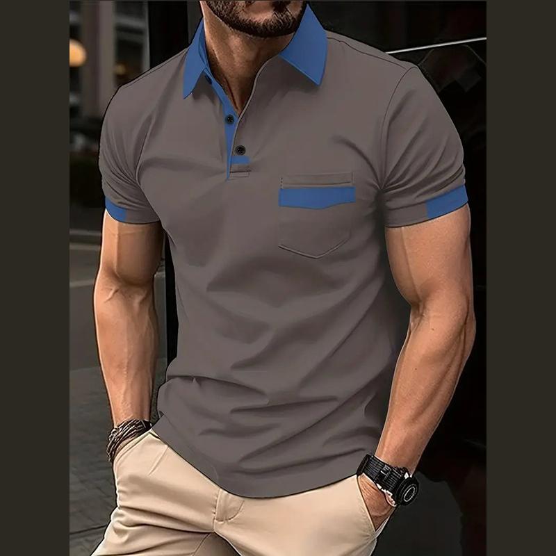 Summer Men's Lapel Button Polo Shirt Loose Casual Trend Pocket Color Block Men's Sports Fitness Polo Shirt