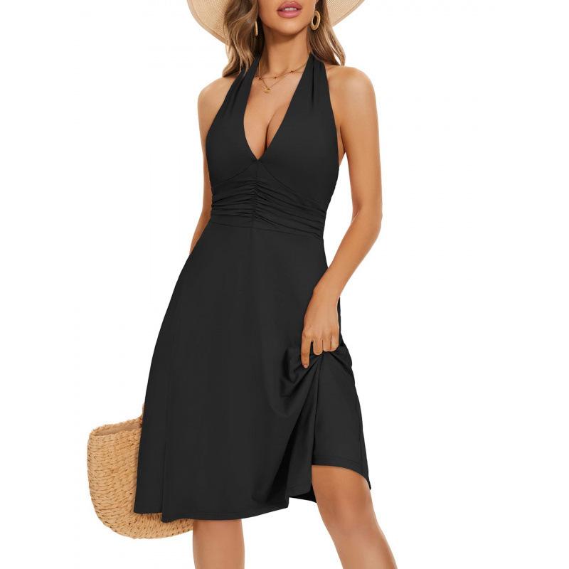 Spot 2026 European and American cross-border new floral dress V-neck neck neck waist casual commuter halter dress S чёрный