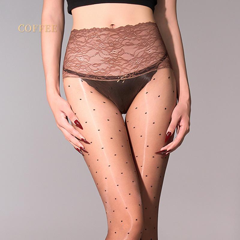 

Women Sexy Stockings Polka Dots 360 Seamless Aurora Pantyhose Oil Shiny Glossy Sheer Sockings Ultra-Thin Lace Waisted Socks Open crotch