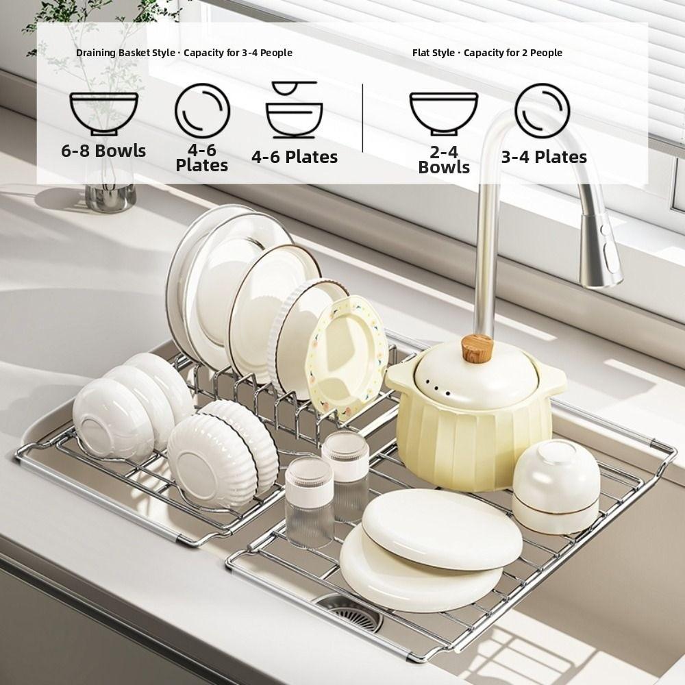 Stainless Steel Expandable Dish Rack Non-slip Adjustable Bowl Drain Shelf Multifunctional Rectangular Retractable Drain Basket
