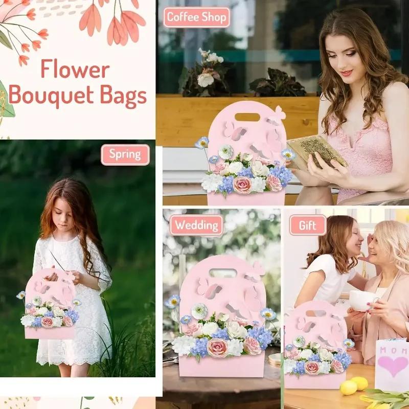 5/10PCS Portable Wedding Favour Boxes 3D Butterfly Carrier Bag Pink Floral Arrangement Gift Paper Package Flower Bouquet Bags