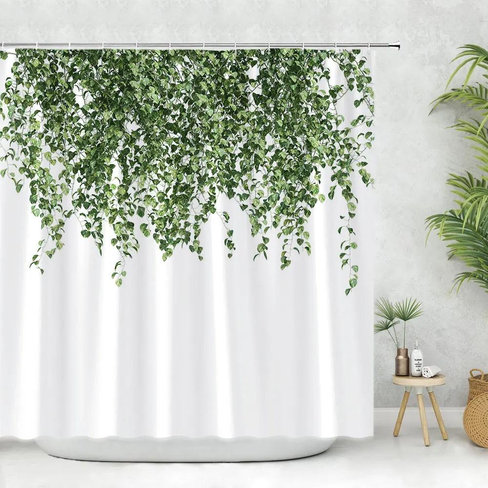 Beautiful Spring Greenery Floral Shower Curtain Eucalyptus Leaves Tropical Leaves Polyester Washable Buth Curtain Bathroom Decor
