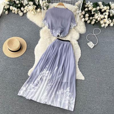 Conjunto de Dos Piezas para Mujer Otoño Camiseta Corta Estampada Top Falda de Longitud Media