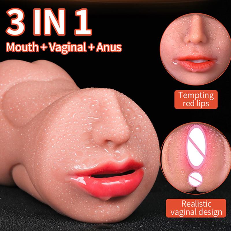 3 In 1 Realistic Male Masturbator with Vagina Anal Mouth Simulation Deep Throat Sex Toys for Men Women Vaginal Oral Masturbator