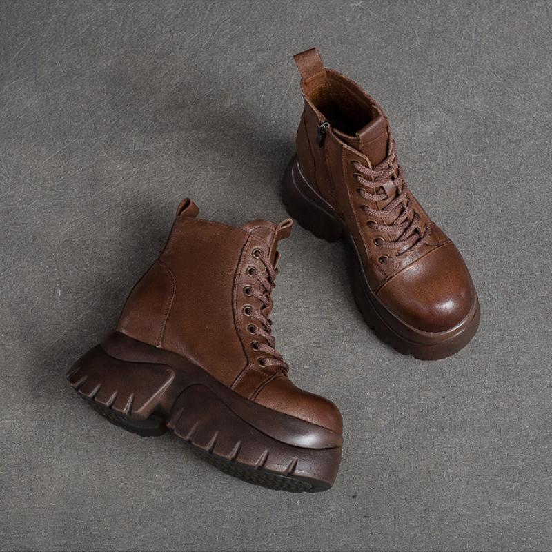 Johnature Pravá kůže Silná podrážka Dámské Kozačky Retro Kulatá špička Boční Zip Klínky Boty na platformě