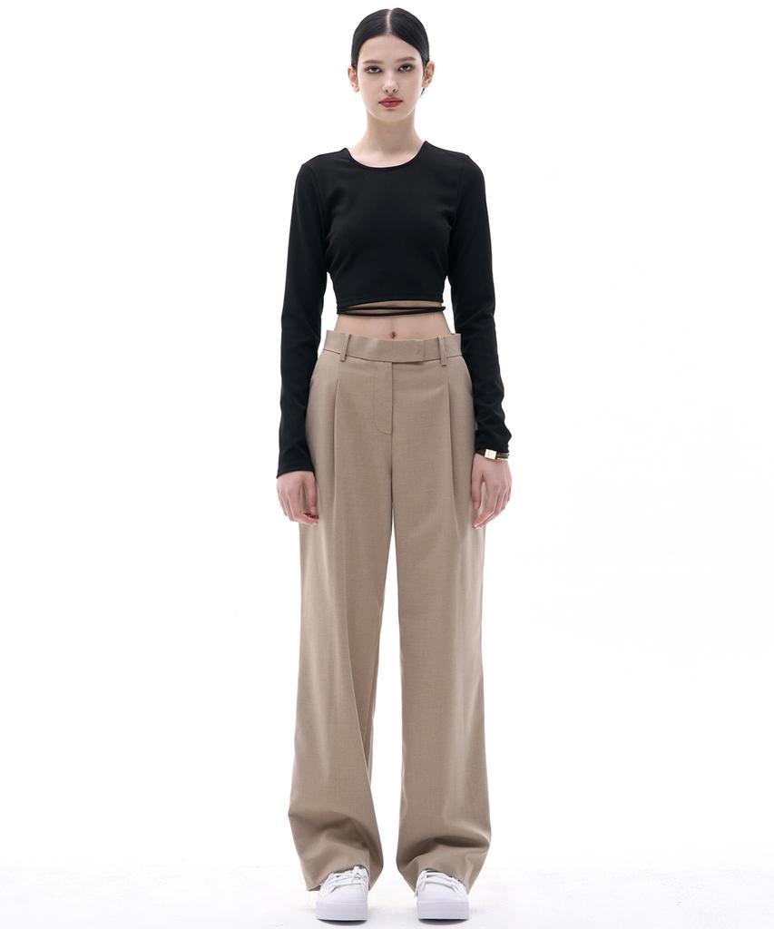 MALOUPE 2114 Single-Pleat Wide Pants (Beige)