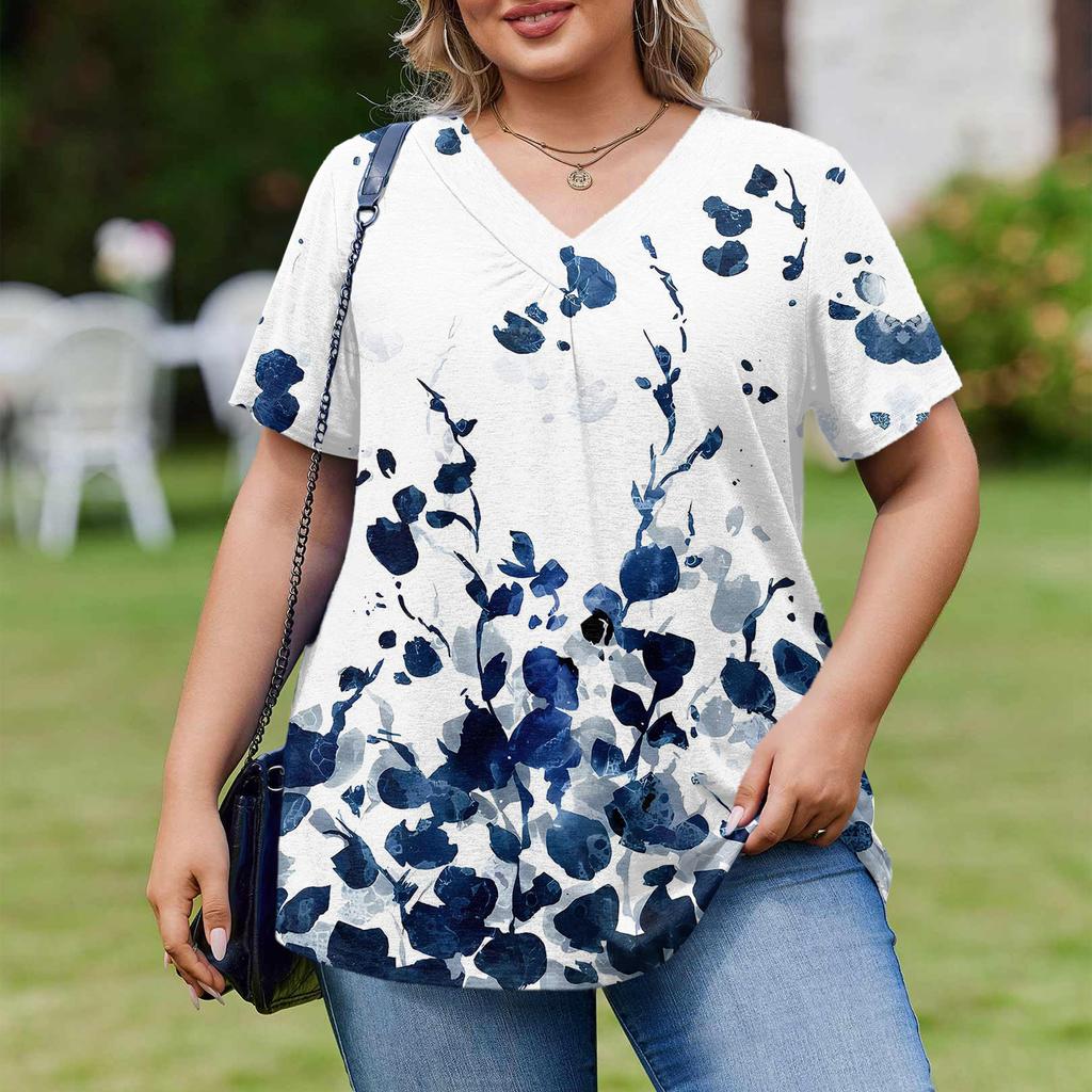Women's Plus Size Fashionable Casual Loose-Fit Short Sleeve Elegant V Neck Blouse For Work