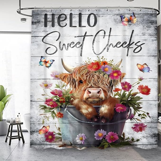 Farmhouse Highland Cow Shower Curtain 60Wx72L Inch Cute Calf Funny Bull Country Cattle Rustic Hello Sweet Cheeks Wooden Farm Red