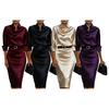 Women's Satin Midi Shirt Dress Long Sleeve Lapel V Neck Bodycon Office Work Dress Sheath Business Dress with Belt