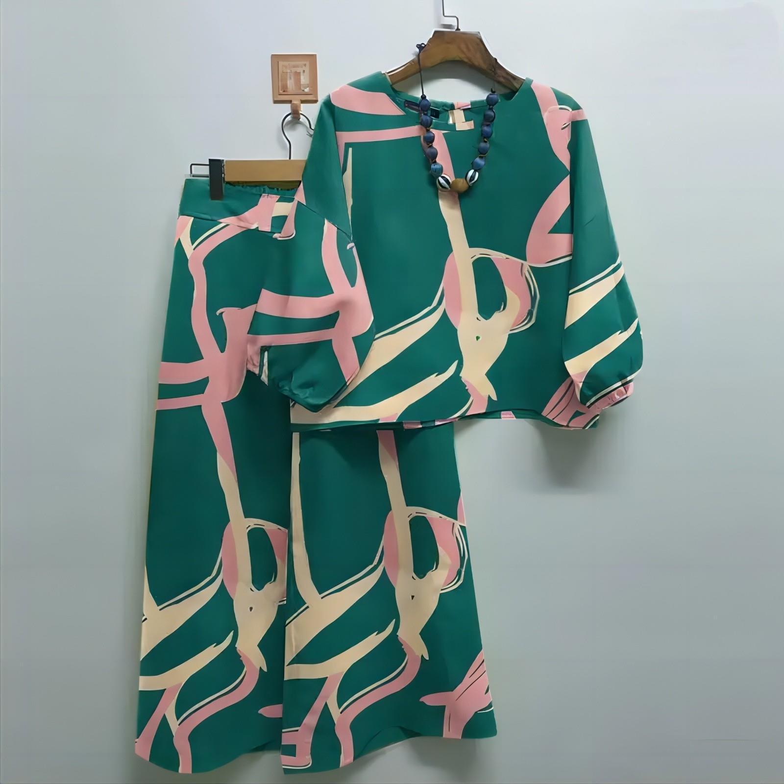 

Летний женский повседневный комплект QICED: Верх в стиле бохо, брюки свободного покроя, комплект из 2 предметов XXL зелёный