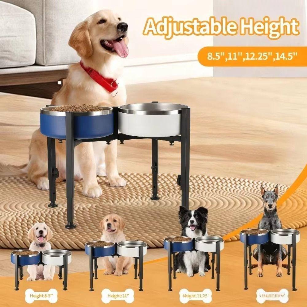 Wrought Iron Dog Bowl Stand Adjustable Width Single/Double Bowls Pet Feeder Rack Protect Cervical Spine Non-slip