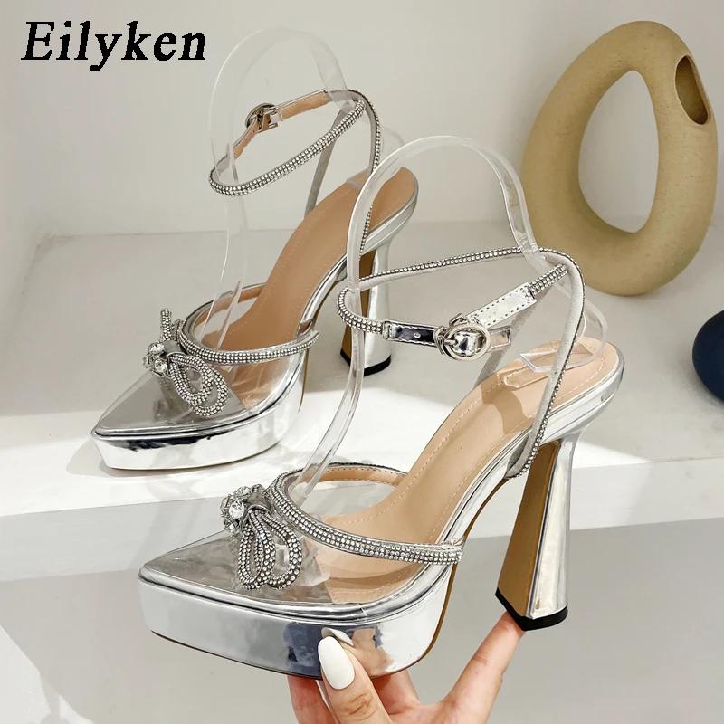 

Fashion Eilyken Spring Platform Pointed Toe Women Pumps Design Transparent Crystal Butterfly-Knot Sexy High Heel Female Sandals Shoes 35 срібний