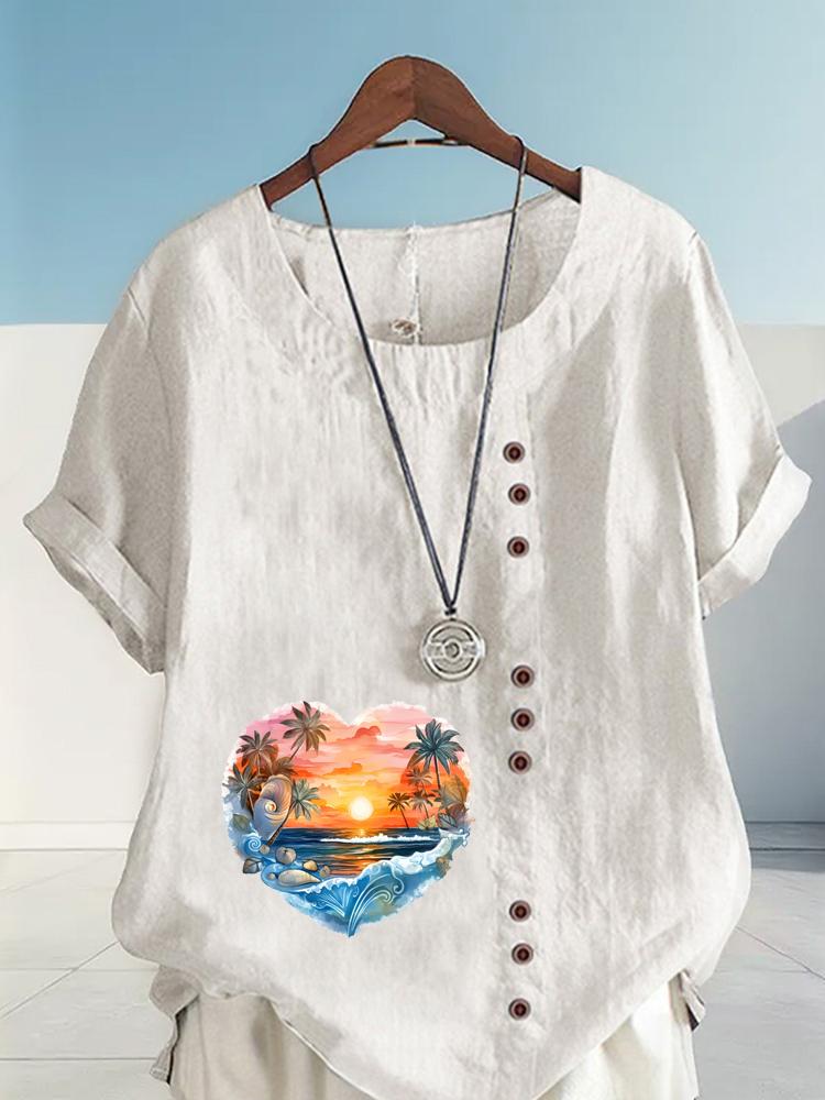Women's Fashion Heart Shaped Scenery Print Round Neck Short Sleeve T-shirt Casual Cotton Linen Graphic Shirt Leisure Loose Summer Blouse Tops