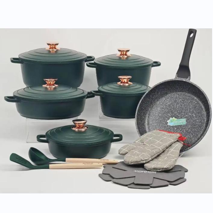 Zestaw 18-elementowych nieprzywierających naczyń kuchennych Donnor z kamienia maifanowego z aluminiowymi pokrywkami