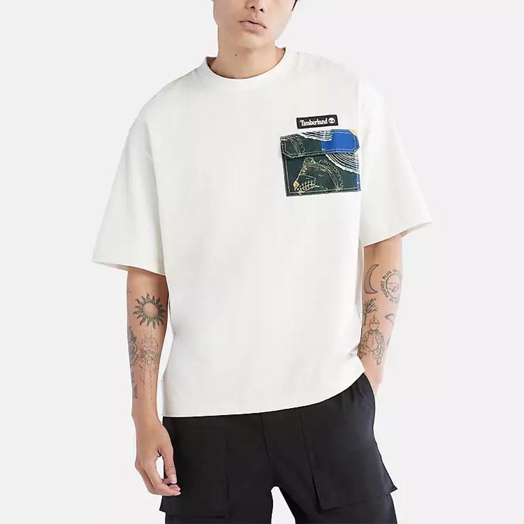 Timberland Pattern Print Pocket Spliced Round Neck Short Sleeve T-Shirt Unisex Tops Vintage-White A6B5P-CM9