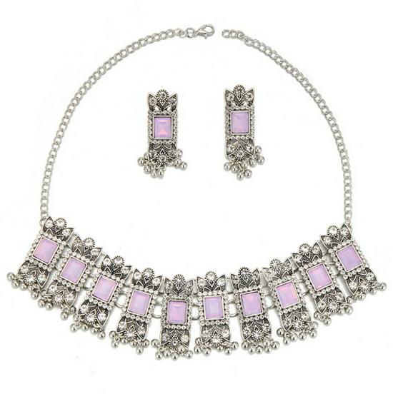 Modisches Retro Edelstein Geometrisches Halsketten- & Ohrring-Set