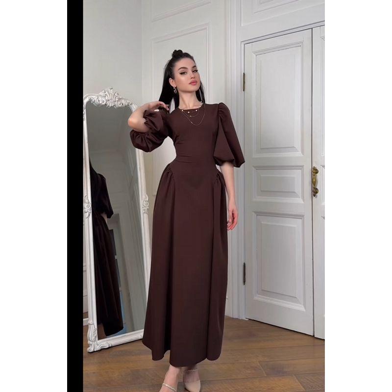 

In Stock Cross-Border European and American Foreign Trade Women clothes 2024 Autumn New Puff sleeve Lace-up Fashion Temperament Formal Dress Dress Brown M
