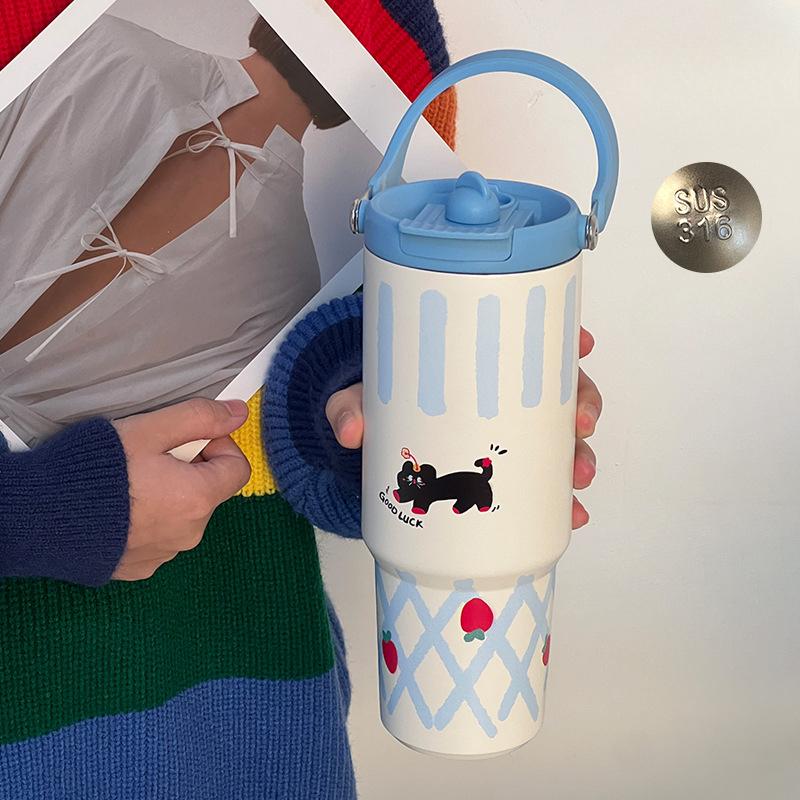 Cartoon Animal Straw Cup High Appearance Level Ice Bully Cup Outdoor Portable Coffee Thermos Cup Women's Large Capacity Water Cup