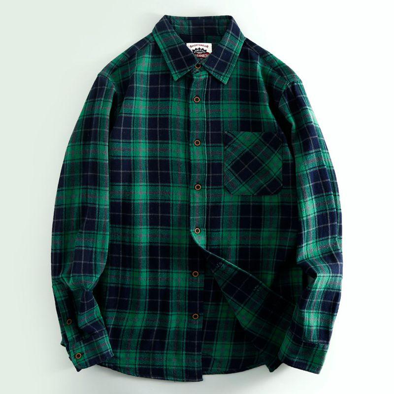 Export Exported to France Single Tail Goods Cut Label Men s Loose-Fitting Sanding Plaid Long Sleeve Shirt Factory Cattle Goods Trendy Shirt Green 2XL