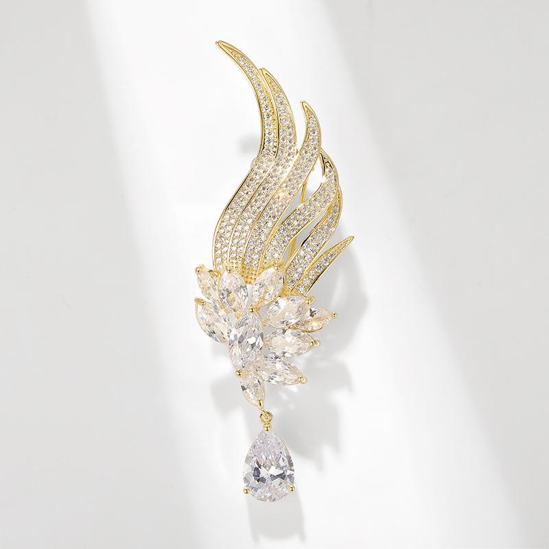 Elegant Feather Wing Brooch with Water Drop Zirconia
