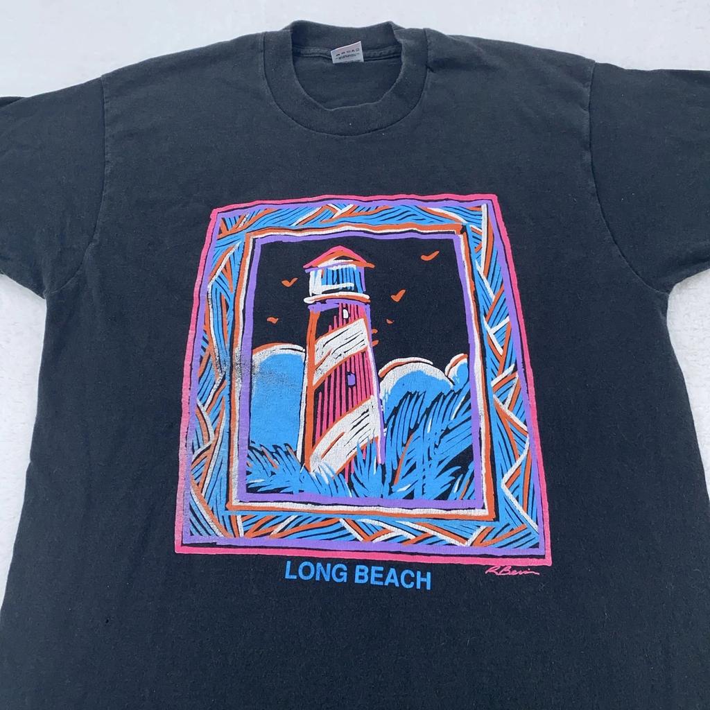 Vintage Long Beach California Shirt Mens Large Lighthouse Graphic 90s