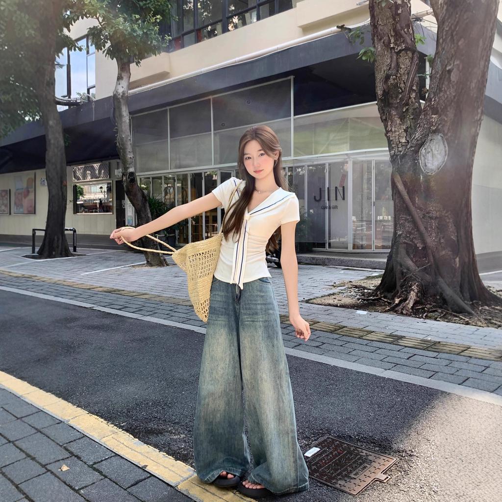 Academy Shawl Fake Two-piece Short-Sleeve T-Shirt Women's Navy Collar Slim and Skinny Summer Chic Beautiful Shirt Top