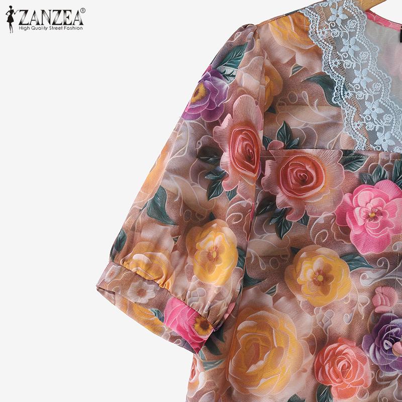 ZANZEA Women Summer Lace Splice V-Neck Short Sleeve Floral Print Blouse